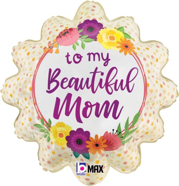 Satin Beautiful Mom Flowers - 18&quot; Helium Filled Foil Balloon, Ribbon