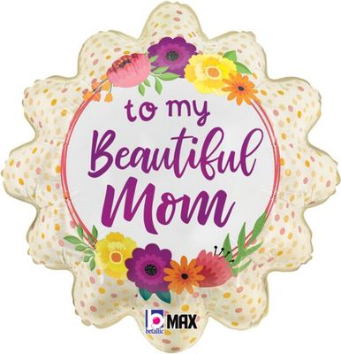 Satin Beautiful Mom Flowers - 18" Helium Filled Foil Balloon, Ribbon
