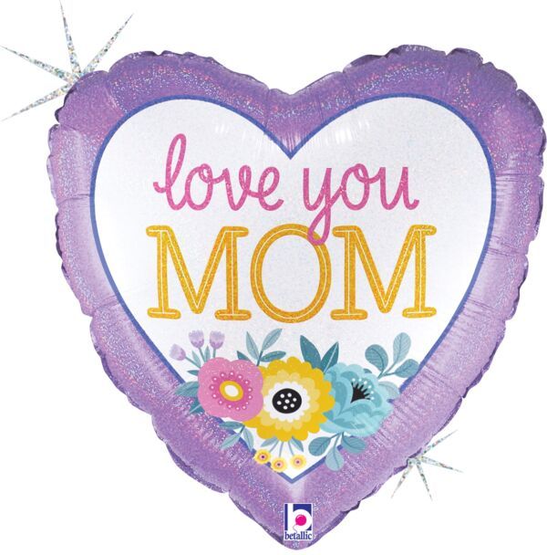 Love you Mom Flowers - 18&quot; Helium Filled Foil Balloon, Ribbon