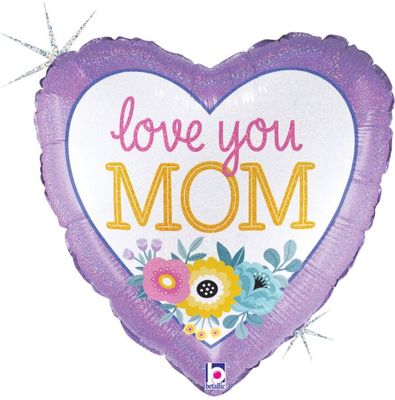 Love you Mom Flowers - 18" Helium Filled Foil Balloon, Ribbon