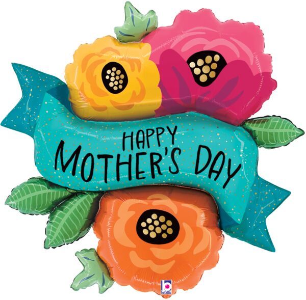 Fresh Flowers Mother&#39;s Day Banner - 33&quot; Helium Filled Foil Balloon, Ribbon