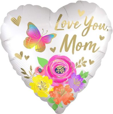 Love You Mom Satin Floral - 18" Helium Filled Foil Balloon, Ribbon