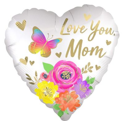 Love You Mom Satin Floral - 28" Helium Filled Foil Balloon, Ribbon