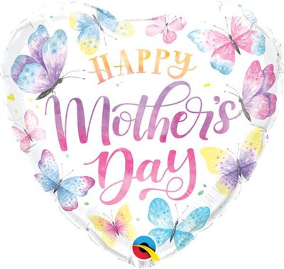 Mother&#39;s Day Watercolor Butterfiles - 18&quot; Helium Filled Foil Balloon, Ribbon
