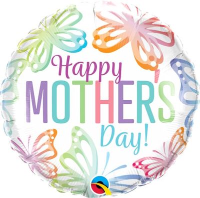 Mother's Day Pastel Bttrfls - 18" Helium Filled Foil Balloon, Ribbon