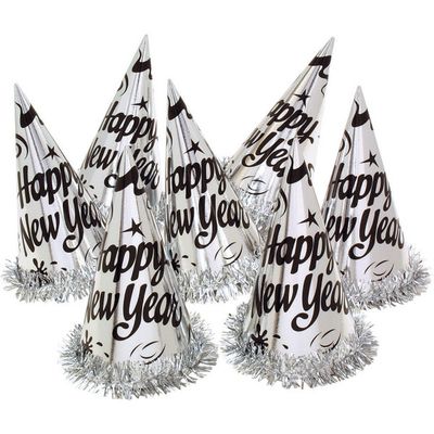 New Year Cone Hat w/Tinsel - Silver