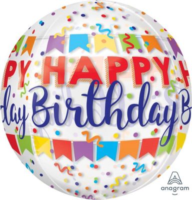 Happy Birthday Banner Bash Orbz - 15&quot; Helium Filled Foil Balloon, Ribbon