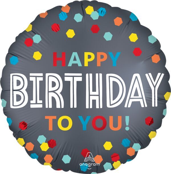 Satin Confetti Burst Birthday - 18&quot; Helium Filled Foil Balloon, Ribbon