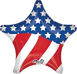 American Flag Star - 28&quot; Helium Filled Foil Shaped Balloon, Ribbon