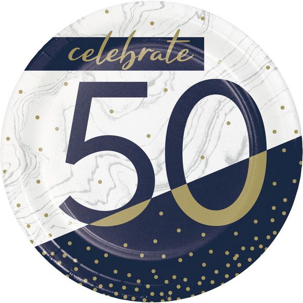 Navy &amp; Gold 7&quot; Plates - 50th 8 Ct