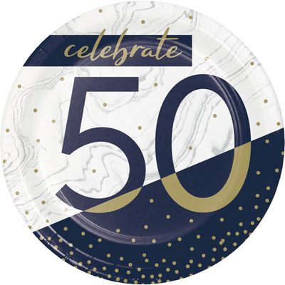 Navy &amp; Gold 7&quot; Plates - 50th 8 Ct