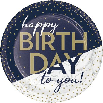 Navy &amp; Gold 7&quot; Plates - Happy Birthday 8 Ct