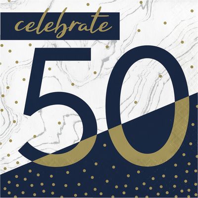 Navy &amp; Gold Luncheon Napkins - 50th 16 Ct