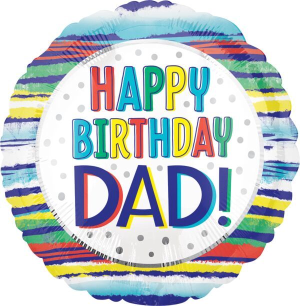 Happy Birthday Dad Painted Stripes - 17&quot; Helium Filled Foil Balloon, Ribbon