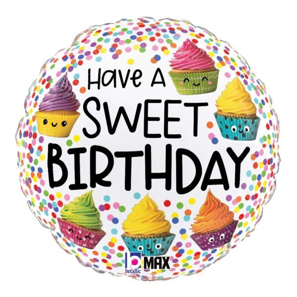 Cute Cupcakes Birthday - 18&quot; Helium Filled Foil Balloon, Ribbon