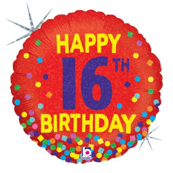 16Th Bday Confetti Holographic - 18&quot; Helium Filled Foil  Shaped Balloon, Ribbon