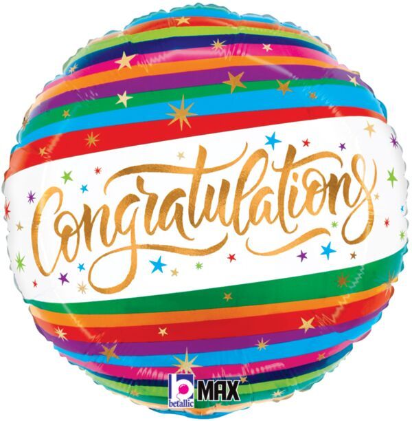 Congratulations Fun Stripes - 18&quot; Helium Filled Foil  Shaped Balloon, Ribbon