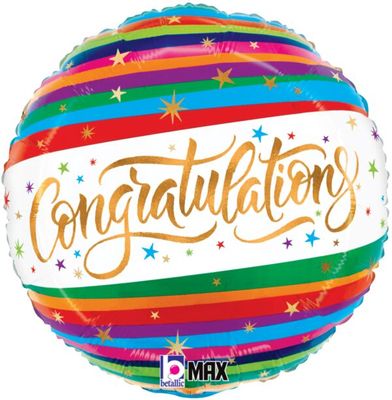 Congratulations Fun Stripes - 18&quot; Helium Filled Foil  Shaped Balloon, Ribbon