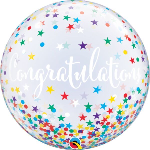Congratulations Confetti Stars - 22&quot; Helium Filled Bubble  Shaped Balloon, Ribbon