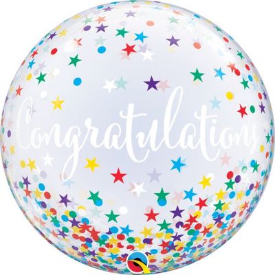 Congratulations Confetti Stars - 22&quot; Helium Filled Bubble  Shaped Balloon, Ribbon