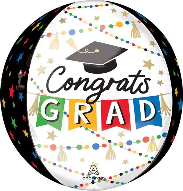 Grad Party Pom-Pom and Stars Orbz - 15&quot; Helium Filled Foil Balloon, Ribbon