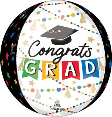Grad Party Pom-Pom and Stars Orbz - 15&quot; Helium Filled Foil Balloon, Ribbon