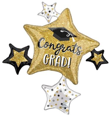 Grad Sparkle Star Cluster - 35&quot; Helium Filled Foil Balloon, Ribbon