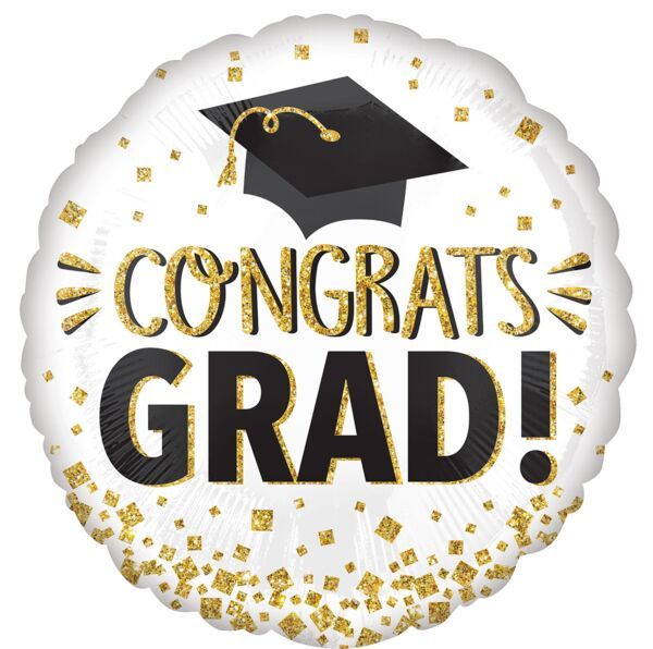 Congrats Grad Gold Glitter - 28&quot; Helium Filled Foil Balloon, Ribbon