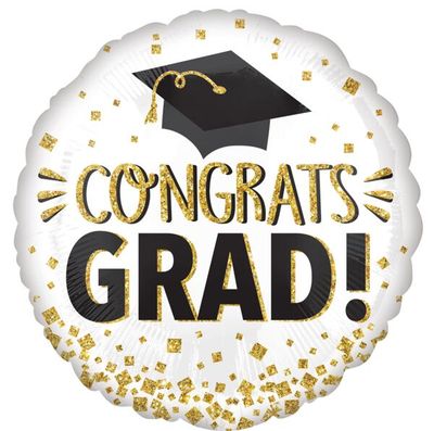 Congrats Grad Gold Glitter - 28&quot; Helium Filled Foil Balloon, Ribbon