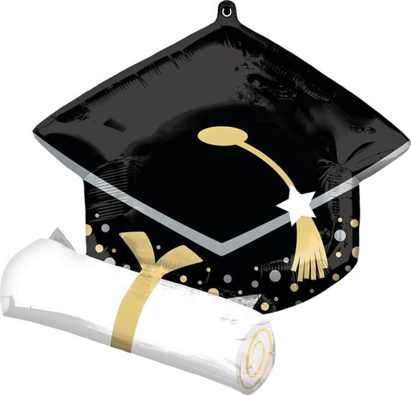 Black Grad Cap and White Diploma - 25&quot; Helium Filled Foil Balloon, Ribbon