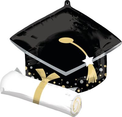 Black Grad Cap and White Diploma - 25&quot; Helium Filled Foil Balloon, Ribbon