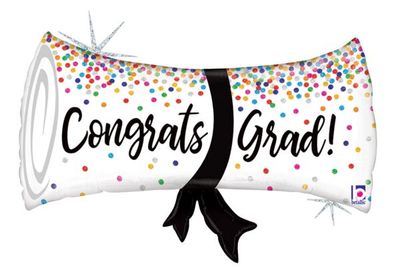 Grad Confetti Diploma Holographic - 31&quot; Helium Filled Foil Balloon, Ribbon