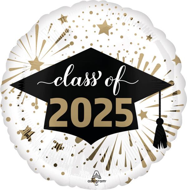 Class of 2025 White and Gold - 17&quot; Helium Filled Foil Balloon, Ribbon