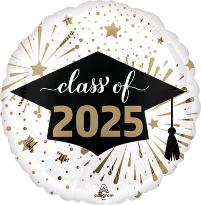 Class of 2025 White and Gold - 17&quot; Helium Filled Foil Balloon, Ribbon