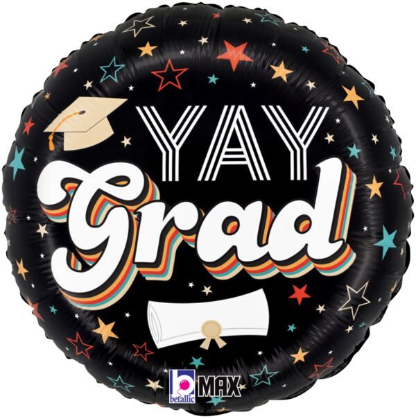Retro Yay Grad - 18&quot; Helium Filled Foil Balloon, Ribbon