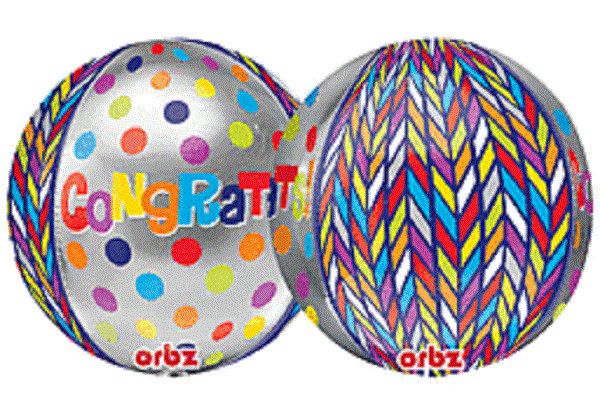 Dotty Geo Congrats Orbz - 15&quot; Helium Filled Foil Balloon, Ribbon