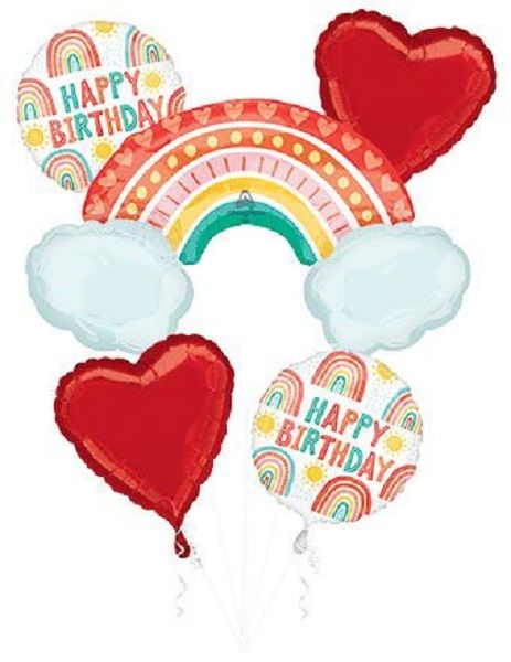 Bouquet Happy Birthday Retro Rainbow - Helium Filled Foil Balloon, Ribbon