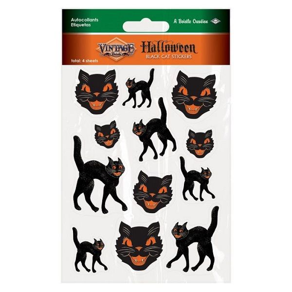 Vintage Halloween Black Cat Stickers - 4 Sheets