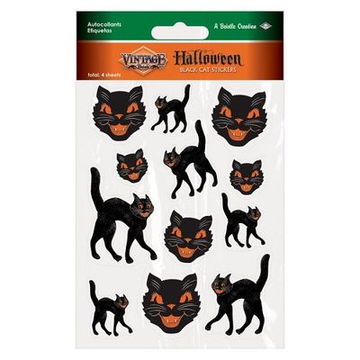 Vintage Halloween Black Cat Stickers - 4 Sheets