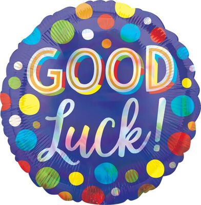 Good Luck Dots Iridescent - 18&quot; Helium Filled Foil Balloon, Ribbon