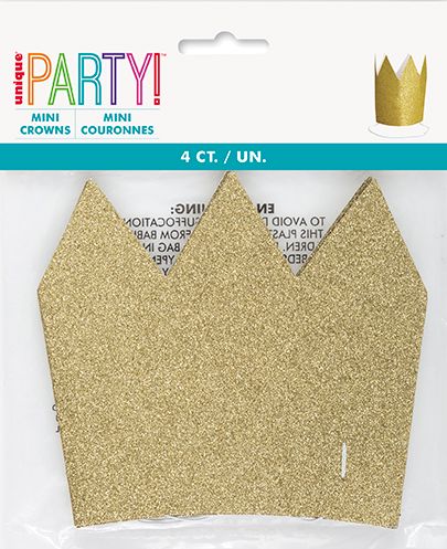 Mini Paper Glitter Crowns - Gold 4ct