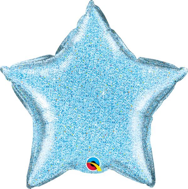 Light Blue Glittergraphic Star - 20&quot; Helium Filled Foil Balloon, Ribbon