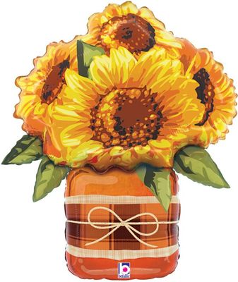 Sunflower Mason Jar - 26&quot; Helium Filled Foil Balloon, Ribbon