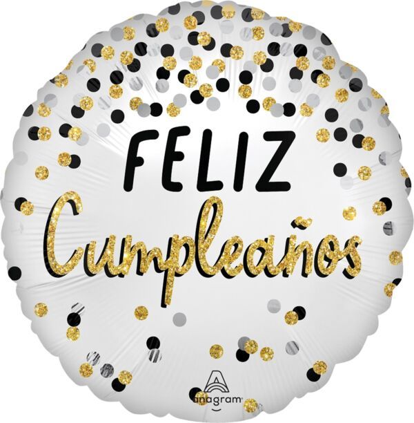 Satin Black Silver Gold Birthday Feliz Cumpleanos - 28&quot; Helium Filled Foil Balloon, Ribbon
