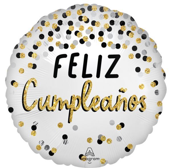 Satin Black Silver Gold Feliz Cumpleanos - 17&quot; Helium Filled Foil Balloon, Ribbon
