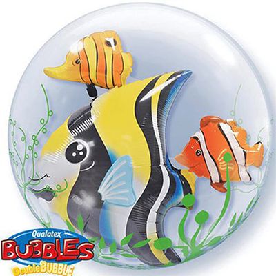 Tropical Fish Seaweed Double Bubble Balloon - 21&quot; Helium Filled Bubble Balloon, Ribbon
