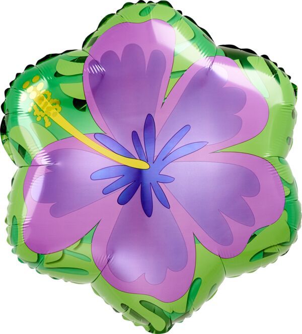 Summer Orange and Purple Hibiscus - 18&quot; Helium Filled Foil Balloon, Ribbon