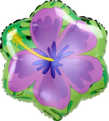 Summer Orange and Purple Hibiscus - 18&quot; Helium Filled Foil Balloon, Ribbon