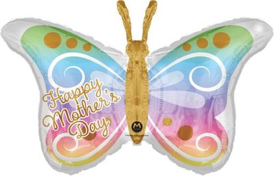 Butterfly Happy Mothers Day - 28&quot; Helium Filled Foil Balloon, Ribbon