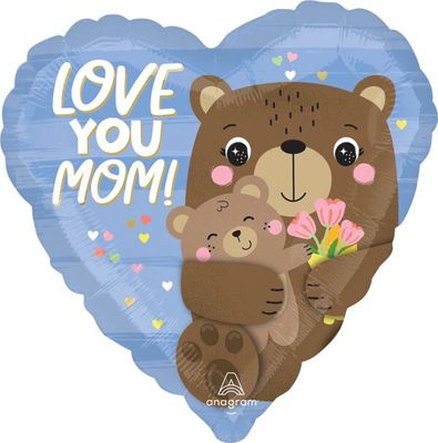 Love You Mom Bear Hugs - 17&quot; Helium Filled Foil Balloon, Ribbon